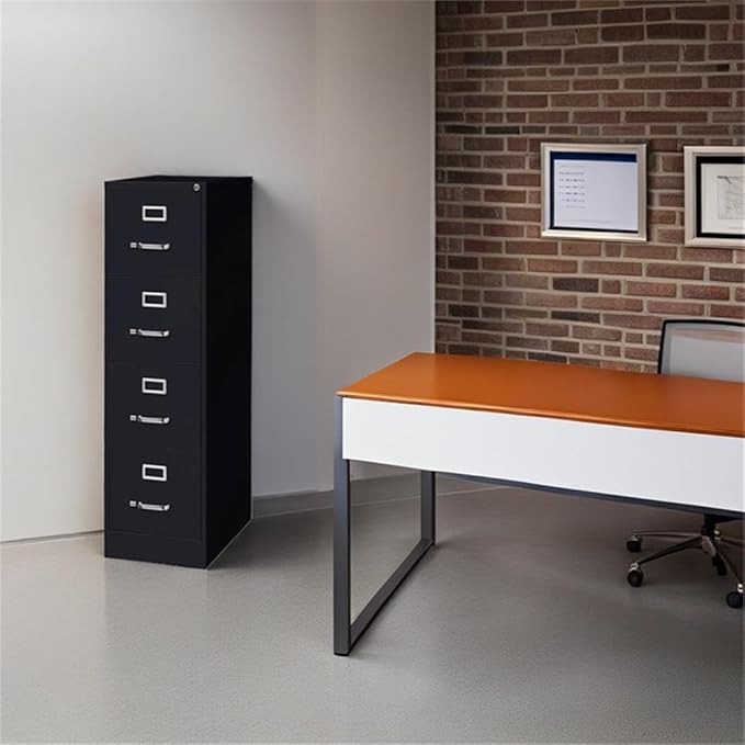 Pemberly Row 4 Drawers 52" Vertical Black Metal Filing Cabinet Lockable Pre-Assembled Stationary Letter Size for Home, Office