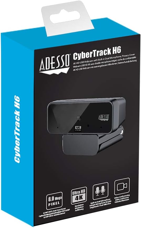Adesso Cybertrack H6 4K Ultra HD USB Webcam with Built-in Dual Microphone & Privacy Shutter Cover, Black