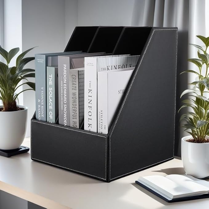 KINGFOM Desktop Wooden Leatherette Magazine File Holder-Organizer-3 Compartment Stand Rack-Papers Storage Box (black)