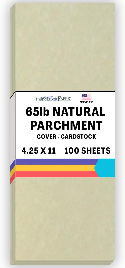 100 Natural Parchment 65lb Cover Paper Sheets 4.25 X 11 Inches Half Letter Size Cut Long - Cardstock Weight Colored Sheets - Printable Parchment Semblance