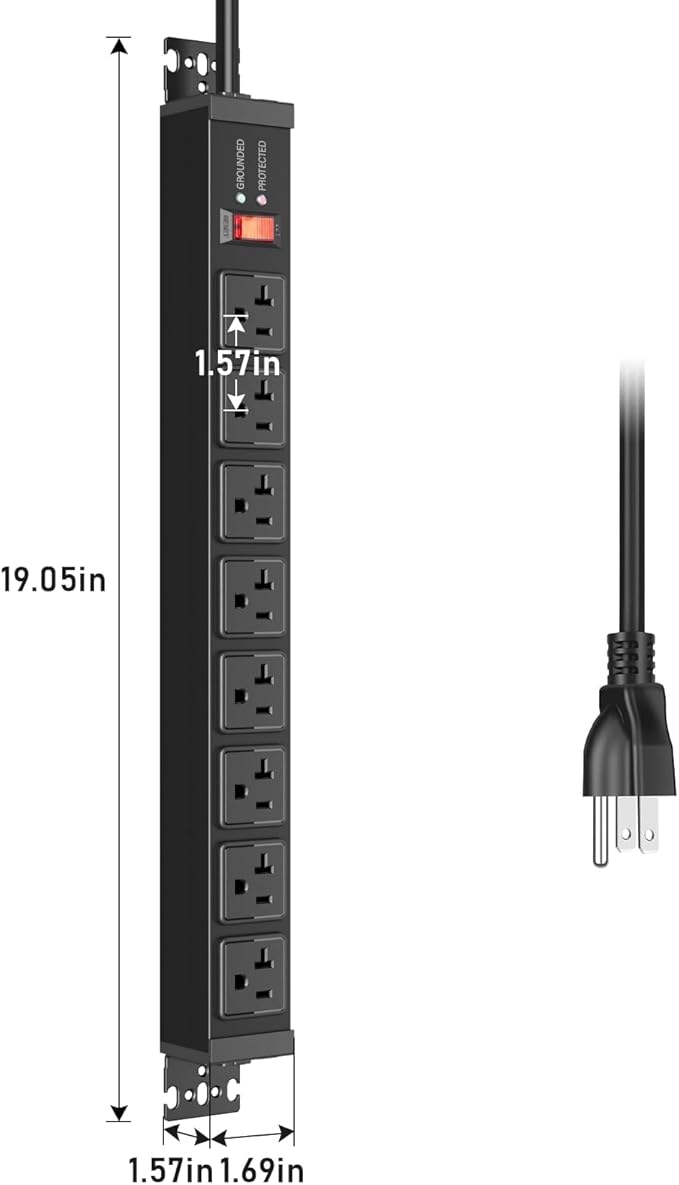 JUNNUJ 20 Amp Power Strip Heavy Duty 2 Pack, 4800J Surge Protector Metal Power Bar Multi Angle Mount, 20A Garage 8 Outlet Shop 6-20R T-Slot, 5-15P Adapter 12 Gauge Extension Cord 15 ft for Appliance