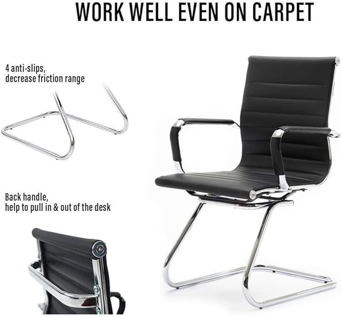 Black Office Desk Chair No Wheels Set of 4 PU Leather Computer Chairs Mid Back Guest Chairs for School Reception Conference Waiting Room, Black