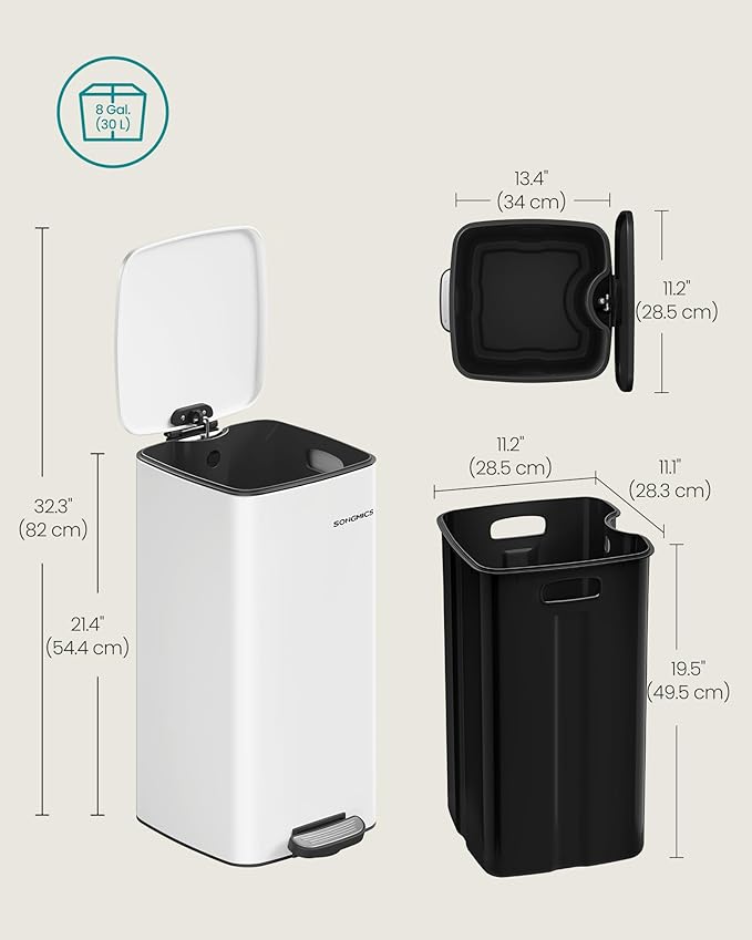 SONGMICS Kitchen Trash Can, 8-Gallon (30 L) Trash Bin, Stainless Steel Garbage Can, with Inner Bucket, Soft Close and Stays Open, Cloud White ULTB593W01