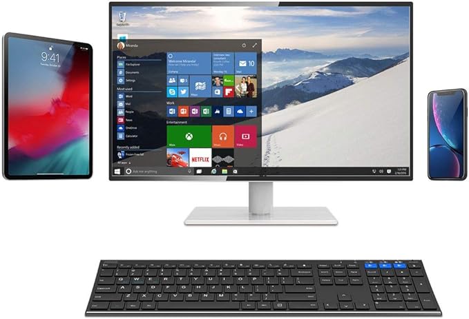 Arteck HB192 Universal Bluetooth Keyboard Multi-Device Stainless Steel Full Size Wireless Keyboard for Windows iOS Android Computer Desktop Laptop Surface Tablet Smartphone Rechargeable Battery