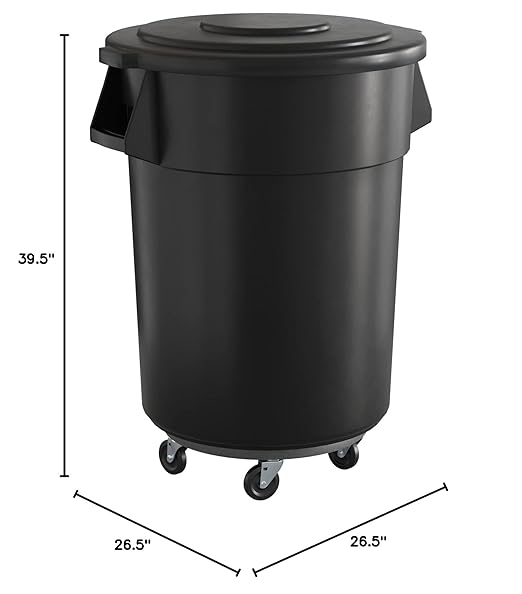 55 Gallon Black Round Commercial Trash Can with Lid and Dolly