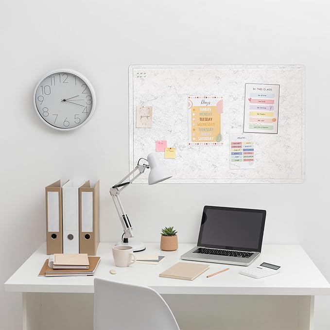 Bulletin Board, 36 x 24 inches Felt Board - Decorative Pin Board, Cork Board Alternative for Wall, 3' x 2' Foldable Picture Board Self-Adhesive Vision Board with 20 Pushpins - Marble White