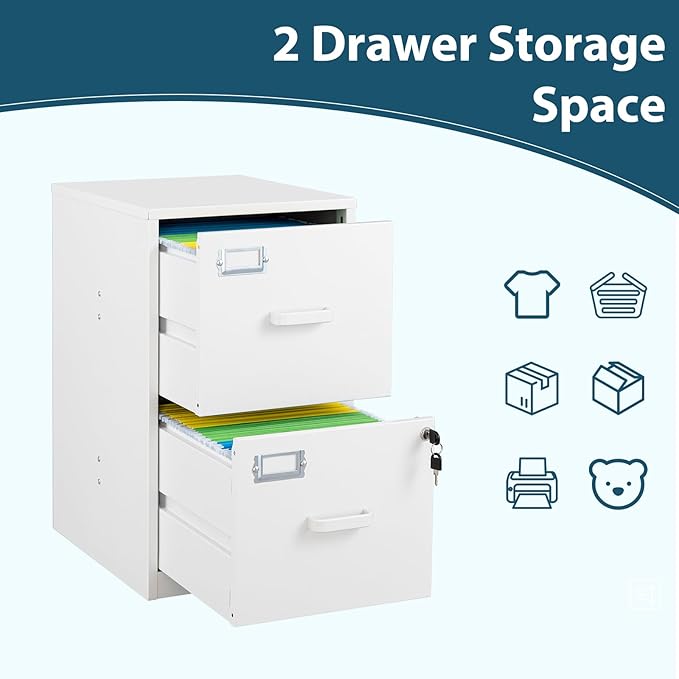 MIIIKO 2 Drawer Filing Cabinet with Lock, Metal Vertical File Cabinets for Home Office, Lockable File Storage Cabinets Under Desk, Letter/A4 File Folders Storage(White-Assembly Required