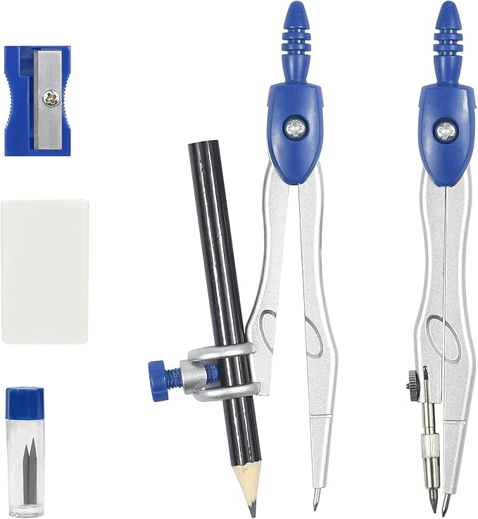 10 Pieces Math Geometry Kit Set Student Supplies with Shatterproof Storage Box,Includes Rulers,Protractor,Compass,Eraser,Pencil Sharpener,Lead Refills,Pencil,for School and Drawings(Navy Blue)