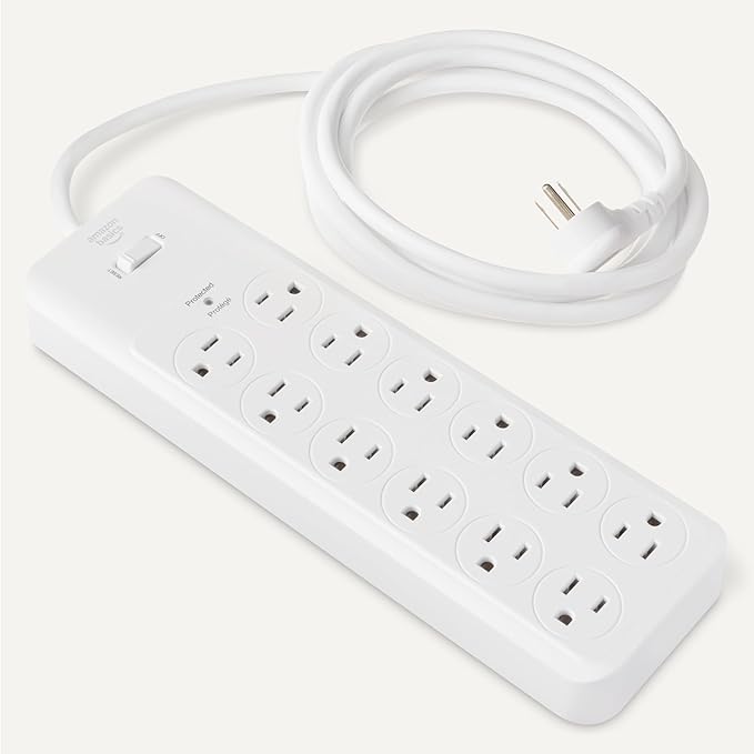 Amazon Basics Surge Protector Power Strip, 12-Outlet, 4000 Joules, 8ft Extension Cord, Rectangle, for Home, Office, Gaming Room, White
