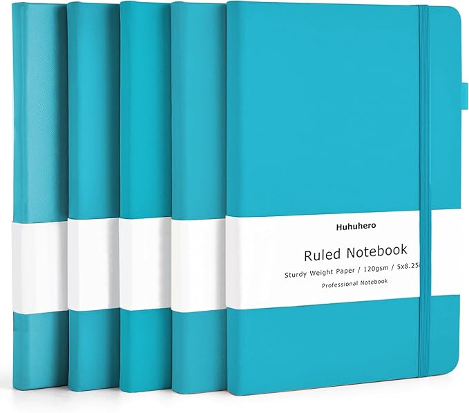 Huhuhero Notebooks Journal, Ruled Notebook, Premium Thick Paper Lined Journal, Black Hardcover Notebook for Office Home School Business Writing Note Taking Journaling, 5"×8.25" (5, Teal)