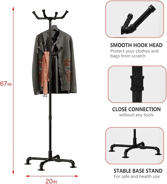 Industrial Coat Rack,Metal Pipe Coat Rack Stand Freestanding with 6 Hooks,Heavy Duty Coat Tree Sturdy Coat Racks for Entryway, Hallway, Bedroom (Black)