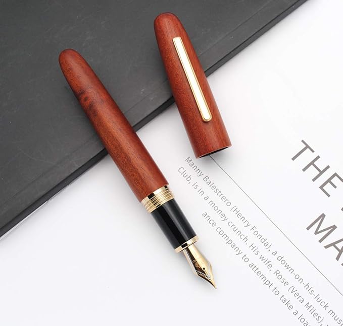 JINHAO 9056 Natural Wood Fountain Pen Handmade Ink Pen (Rosewood, Fine Nib 0.5mm)