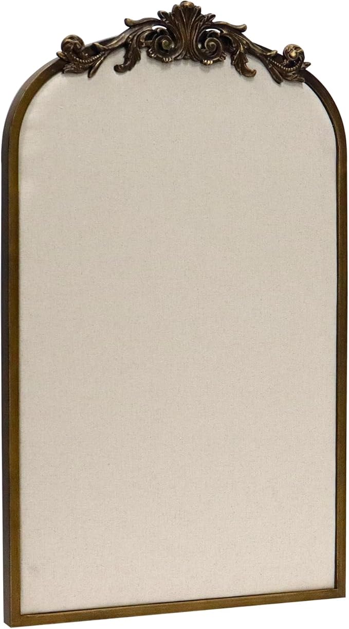 Arch Fabric Pinboard, Antique Gold Bulletin Boards 19"x31", Vintage Cork Board with Ornate Iron Frame for Wall Unique Display, Organization and Decor Options