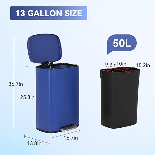 PayLessHere Stainless Steel Trash Can with Lid - Removable Inner Bucket, Foot Pedal Soft Close for Office, Home, Kitchen Garbage Bin (Deep Blue, 13 G)