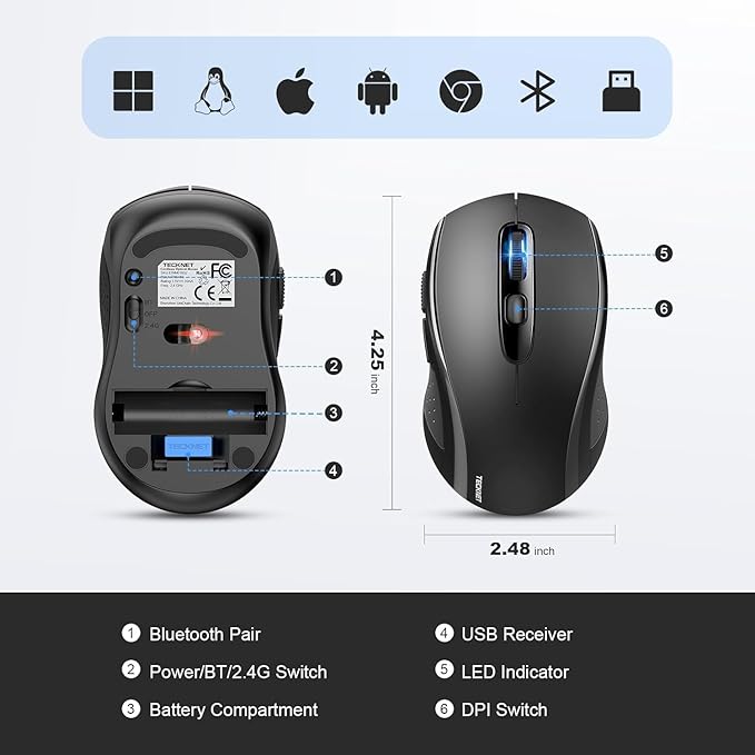 TECKNET Wireless Bluetooth Mouse for MacBook, 2-in-1 Bluetooth Mice for Laptop (BT 5.0+2.4G USB) (NOT Silent)