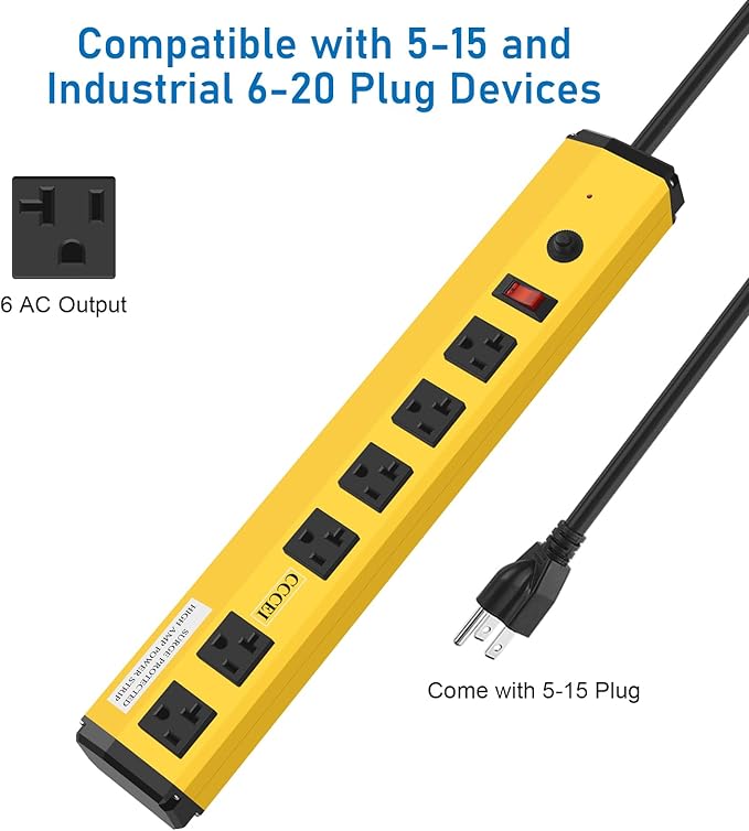 CCCEI Heavy Duty Power Strip Surge Protector 20 Amp, High Amp Industrial Shop Garage Metal Multiple Outlets, 10 FT Yellow Jacket 12 Gauge 5-15P Extension Cord 6 Outlet 6-20R T-Slot 20a for Appliance