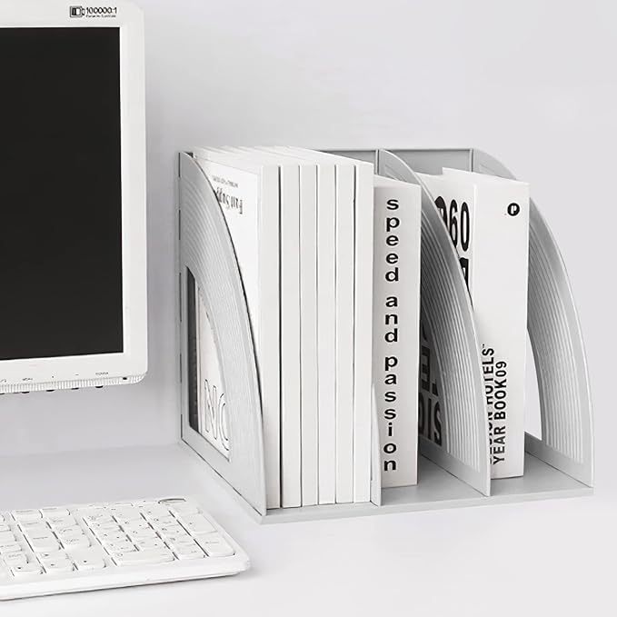 SAYEEC Magazine File Holder Folder Storage Desktop Standing Hollow File Bookshelf Organizer Office Racks Displays Holds Notebooks Documents (3 Compartments - Light Grey x 2)
