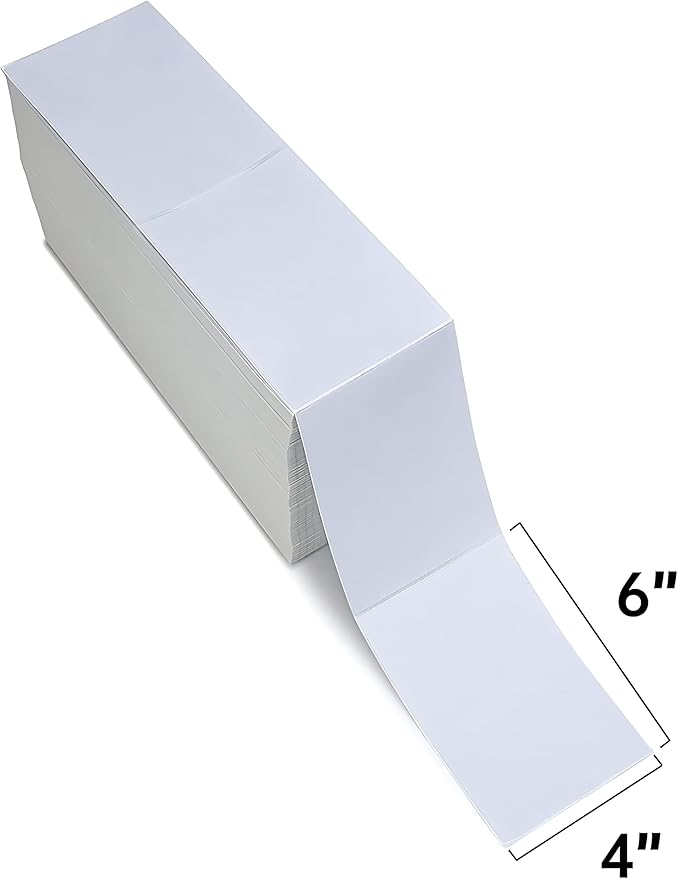 Fanfold 4 x 6 inch Thermal Labels Stack Direct White Strong Adhesive Perforated Postage Shipping Printer Compatible with Zebra SNBC Epson Rollo (3000, Fanfold)