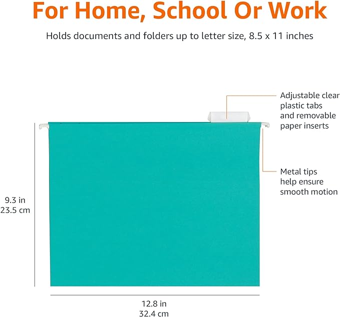 Amazon Basics Hanging File Folders, Letter Size, Aqua, 25-Pack
