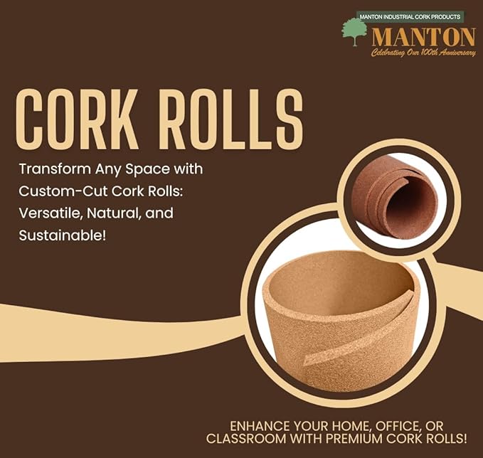 Manton Cork Premium Cork Roll - 4' x 5' x 1/2", 100% Natural Facing Grade Material for Bulletin Boards, Decorative Photo and Message Push Pin Displays - Perfect for Home, School, and Office