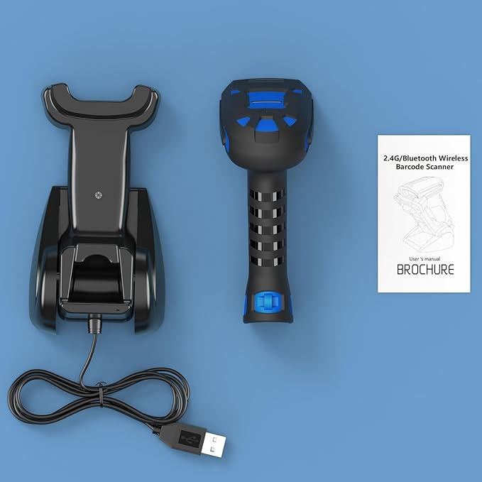 Alacrity Upgraded 2D Industrial Barcode Scanner with Wireless Charging Stand, 1968 Feet Transmission Distance 433Mhz Wireless & Bluetooth 2in1 Barcode Reader, Shock Dust Proof Hands Free, Blue