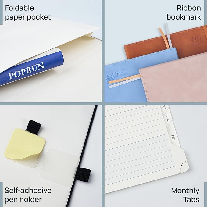POPRUN Weekly Planner 2026 (Large 8.5" x 10.5") Calendar 12 Months Notebook with Horizontal Layout, Leather Soft Cover, Monthly Tabs, Inner Pocket, 100GSM Thick Paper, Pen Holder - Soft Pink
