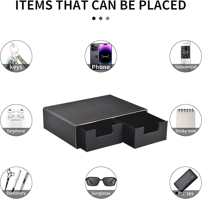 Linen Leather Desk Organizer and monitor stand with Drawers-Mini Desktop Drawer Organizer Stackable-Tabletop Organization Storage Box for Office Supplies Home Vanity Toiletries (Black, 2-drawers)