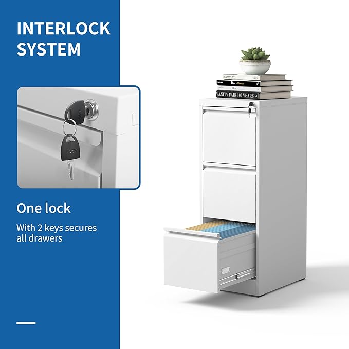 3 Drawer File Cabinet with Lock, Vertical File Cabinet with Lock, Locking File Cabinet Hanging Files for A4/ Legal/Letter,White