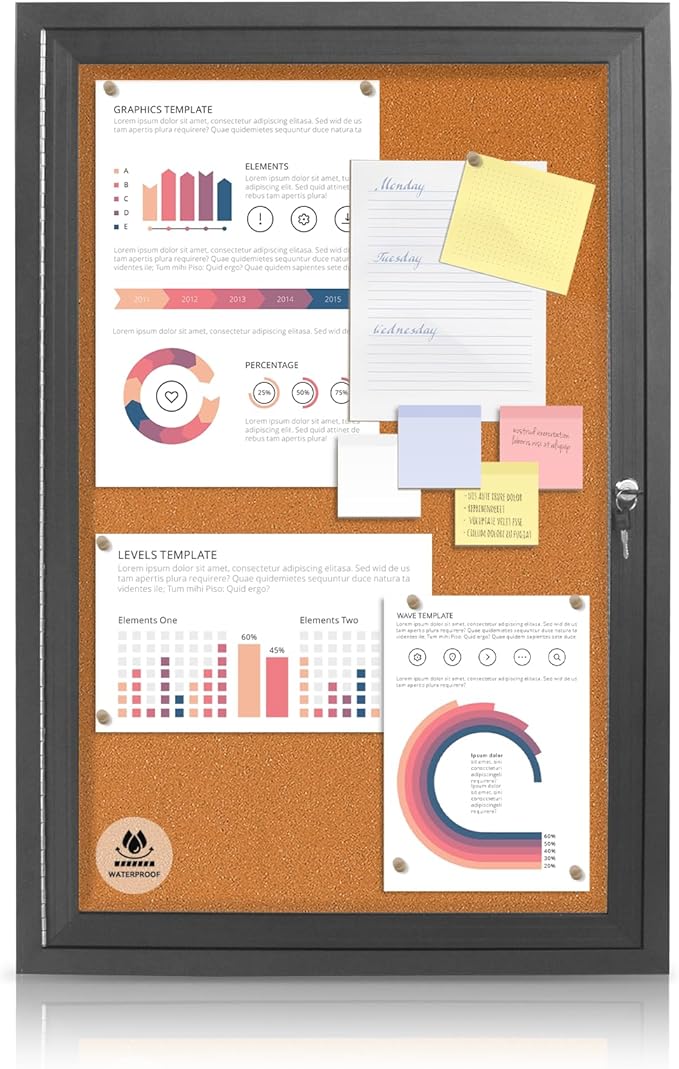 36x24 Inch Outdoor Enclosed Bulletin Board with Locking Door - Weatherproof & Tamperproof Cork Notice Board - Black Aluminum Frame