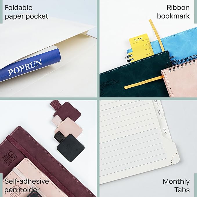 POPRUN Planner 2025-2026 Weekly Notebook (Medium 6.5''x 8.5'') Academic Calendar (JUL.25 - JUN.26) Appointment Book with Monthly Tabs, Leather Soft Cover, Inner Pocket, 100 GSM - Pink