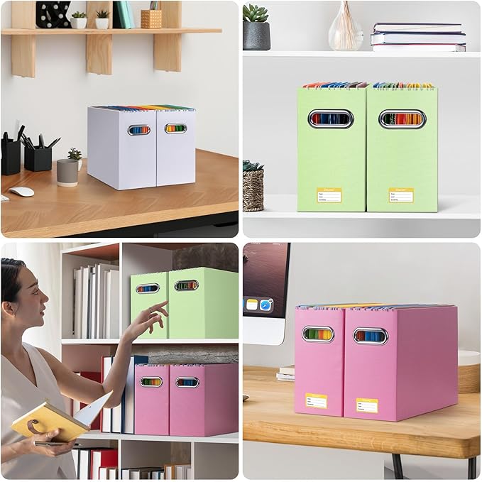 BALEINE File Organizer Box, Cardboard File Folder Organizer with Handle for Letter Size, Portable Collapsible Hanging Filing Box for Home Office Document Storage (4 Pack, Green)