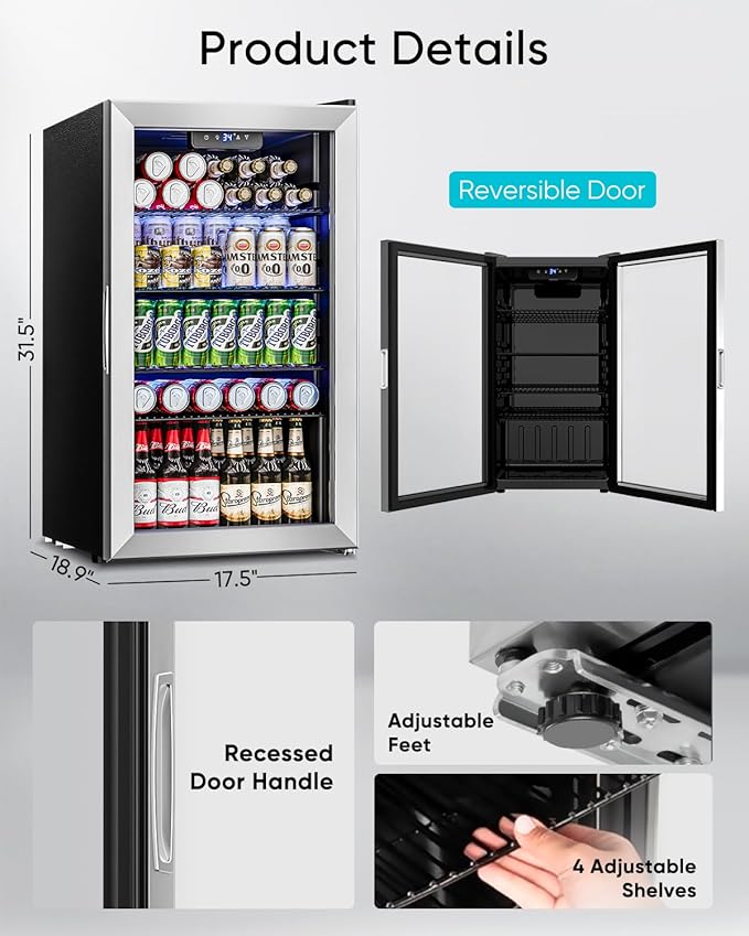 Beverage Refrigerator Cooler - 126 Can Mini Fridge Glass Door for Drinks Soda Beer Wine - Small Refrigerator for Office Bedroom Home Bar, 4 Adjustable Shelves, 3.2 Cu.Ft, Silver