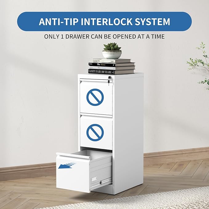 3 Drawer File Cabinet with Lock,Metal Vertical Filing Cabinets for Home Office,Heavy Duty File Storage Cabinet for Letter/Legal/A4/F4 Size File,Assembly Require (White, Vertical 3 Drawer)