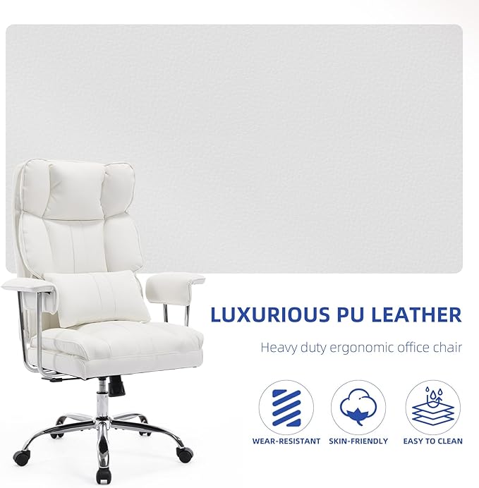 Big and Tall Office Chair 500lbs Wide Seat Executive Office Desk Chair High-Back Office Task Chair with,Ergonomic Lumbar Support Computer Office Chairs for Heavy People(White)