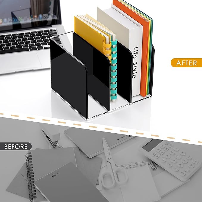 Acrylic Magazine File Holder Desktap Organizer Folder Rack Workspace Sorters, Bookend File Sorter Holder Office Accessories Organization Storage 3 Vertical Compartments, Black