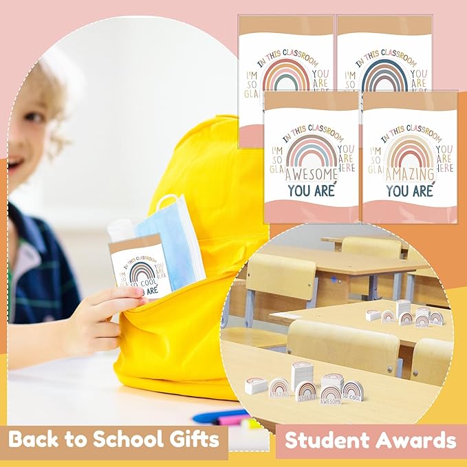 80 Sets Back to School Gifts for Students Rainbow Erasers Bulk with Greeting Cards 3D Novelty Desk Erasers for Kids Birthday Party Favors Classroom Rewards