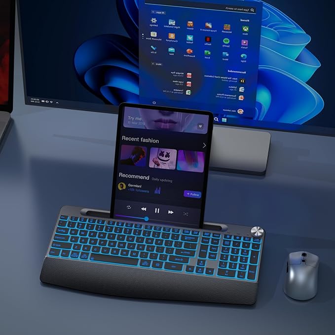 Backlit Keyboard and Mouse Combo, 7 Colors Wireless Keyboard Ergonomic with Wrist Rest and Volume Knob,Phone Holder,Rechargeable with Light Up Keyboard for Laptop, PC, Mac, Windows -Black