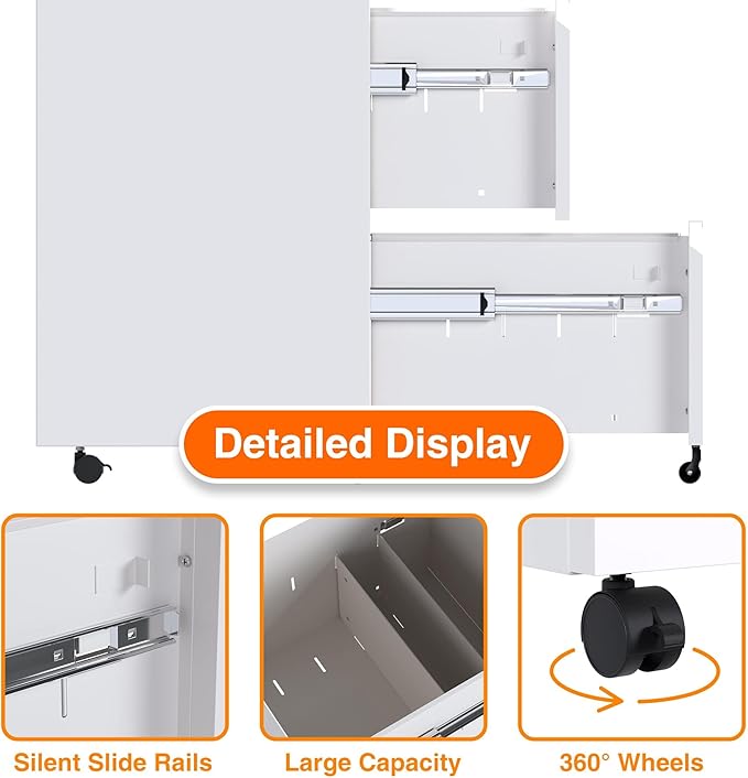Aobabo Metal 2 Drawer Office File Cabinet with Lock, Under Desk Office Steel Files Cabinet on Wheels, 25.6''H Legal/Letter A4 Size, Fully Assembled Except Wheels,White
