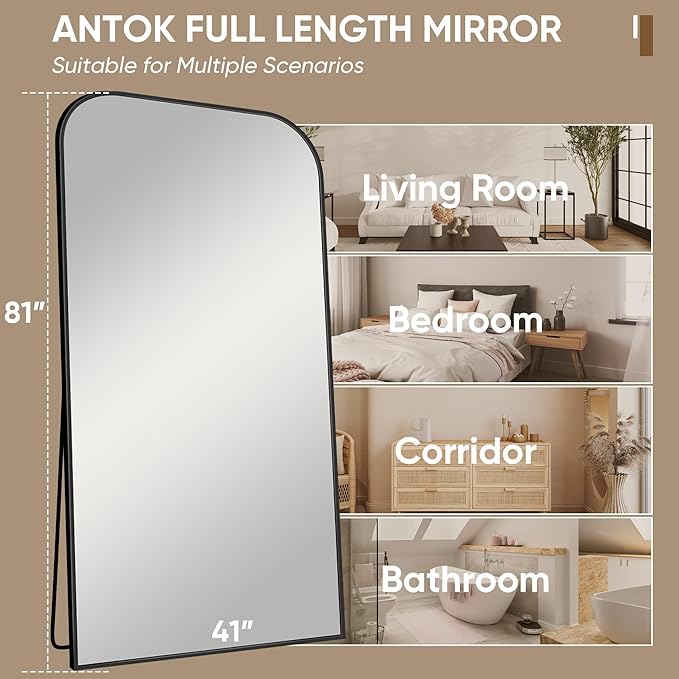 Antok Full Length Mirror, 81"x41" Floor Mirror Freestanding, Arched Floor Standing Large Full Body Mirror with Stand for Bedroom, Hanging Mounted for Living Room, Black
