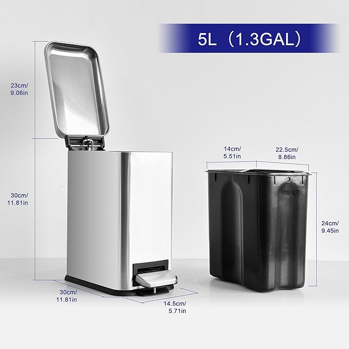 Bathroom Trash Can with Lid,5L/1.3 Gallon Trash Can with Removable Liner Bucket, Small Garbage can for Bathroom,Bedroom,Home Office,Silver