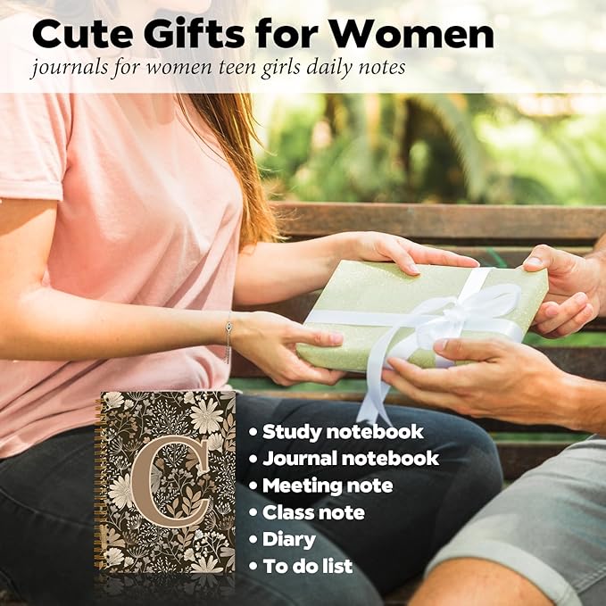 Initial C Personalized Journal Notebook, Boho Floral Journaling Notebooks for Women Girls, Costom Monogrammed Gifts for Women Mom Girls Friends, Letter Spiral Notebook, 5.5x8.3