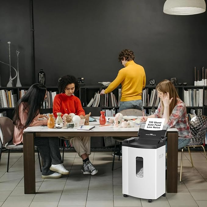 150 Sheet Auto-Feed Paper Shredder, Micro Cut P-5 Super High Security (5/64 x 19/32 inches), Large 6-Gallon Bin, 20 Mins Continuous Run, 55dB Ultra-Quiet for Home Office Use, White