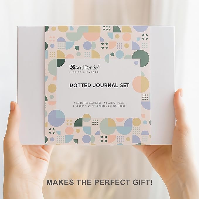 &And Per Se Dotted Journal Notebook Set, A5 Hardcover Dotted Journal (Black), 6 Fineliner Pens, 8 Sticker, 5 Stencil Sheets & 6 Washi Tapes, Journaling Supplies for Planner Schedule