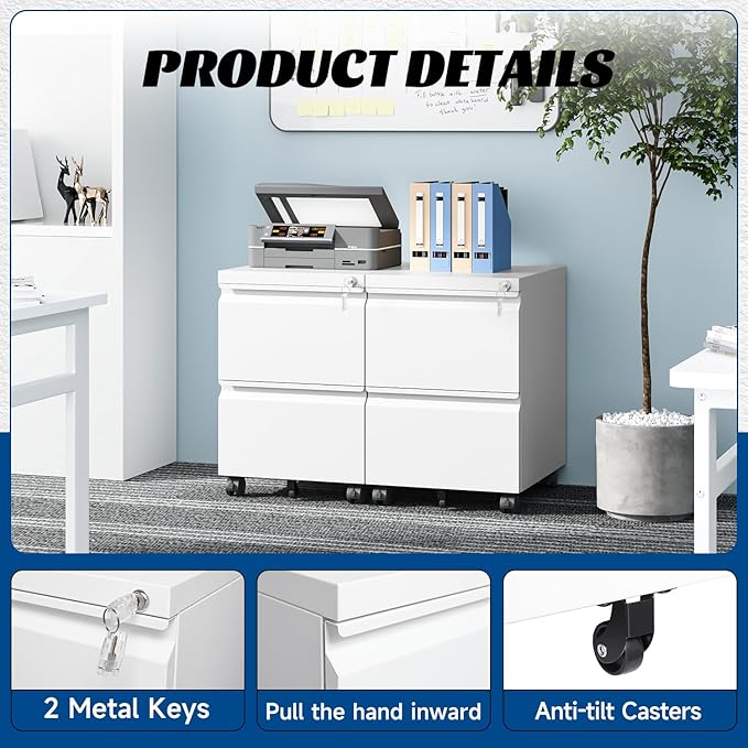 2 Drawers Vertical File Cabinet - Fully Assembled White Under Desk Mobile Filling Cabinet Small Lockable Home Office File Cabinets for A4/Letter/Legal Size