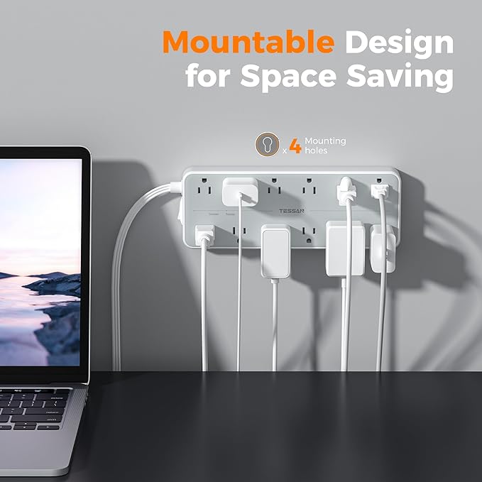 Surge Protector Power Strip, TESSAN Extension Cord with Multiple Outlets, 12 AC Outlets, 3 USB Ports(1 USB C), Flat Wall Plug, 5 Ft, 1700 Joules Protection for Home Office Dorm Room Essentials