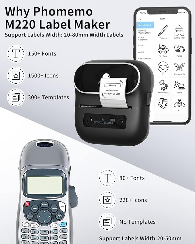 Phomemo Label Maker,M220 Label Printer,3 Inch Bluetooth Thermal Label Maker Machine with 2000+ Icons,300+ Templates & Fonts,for Kids School Items,Small Business,Large Sticker