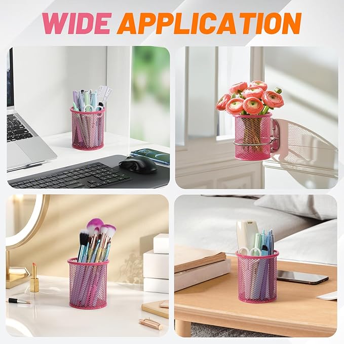Segarty Pen Holer, 12 Pack Round Dark Pink Pencils Holder for Desk, Metal Mesh Pen Cup Container Marker Organizer Set for Office, School, Home, Desktop Storage and Organization