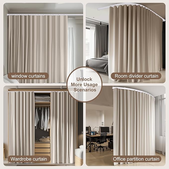 Room Divider Curtains & Flexible Bendable Tracks Set,Privacy Dividers Ceiling Track Curtain Window Blackout Curtains for Living Room Bedroom (W150 × H96 in 1 Panel Beige Drape & White Rail)