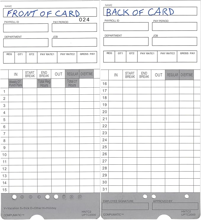 300 Time Cards for uPunch HN2000, HN2500, HN4000, HN4500 AutoAlign Calculating Time Clock and More HNTC2 UPTC2000 COMPUMATIC Compatible
