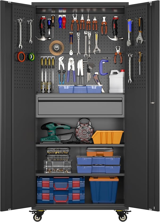 Aobabo Garage Storage Cabinet with Wheels, Metal Tool Storage Cabinet with 1 Drawer for Home,Assembly Required,Black